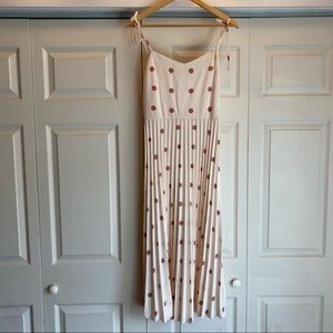 French Pleated polka dot dress with ribbon tie midi